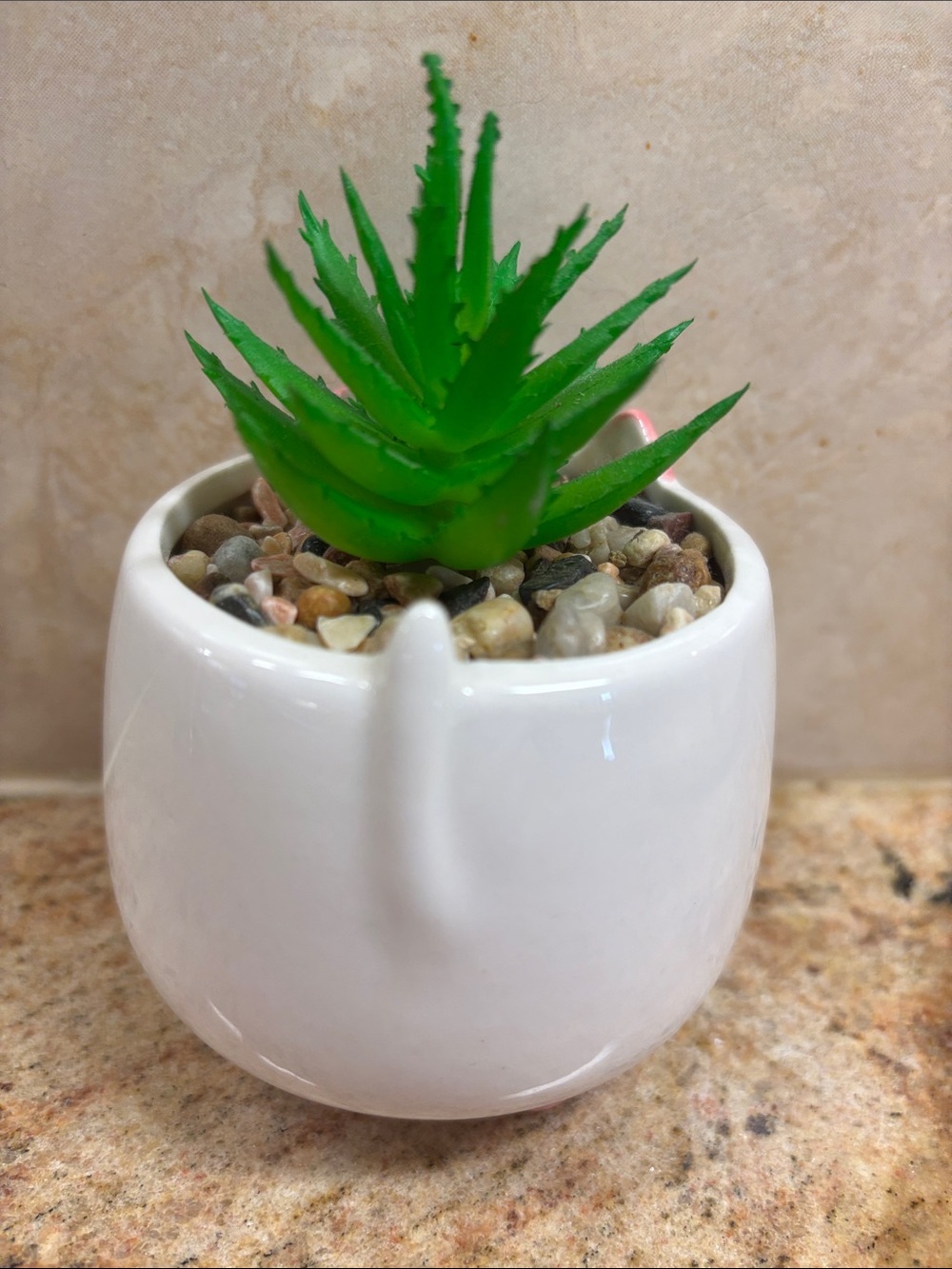 Cute Cat Ceramic Planter with Faux Succulent - White & Green with Pink Accents - Picture 2 of 5